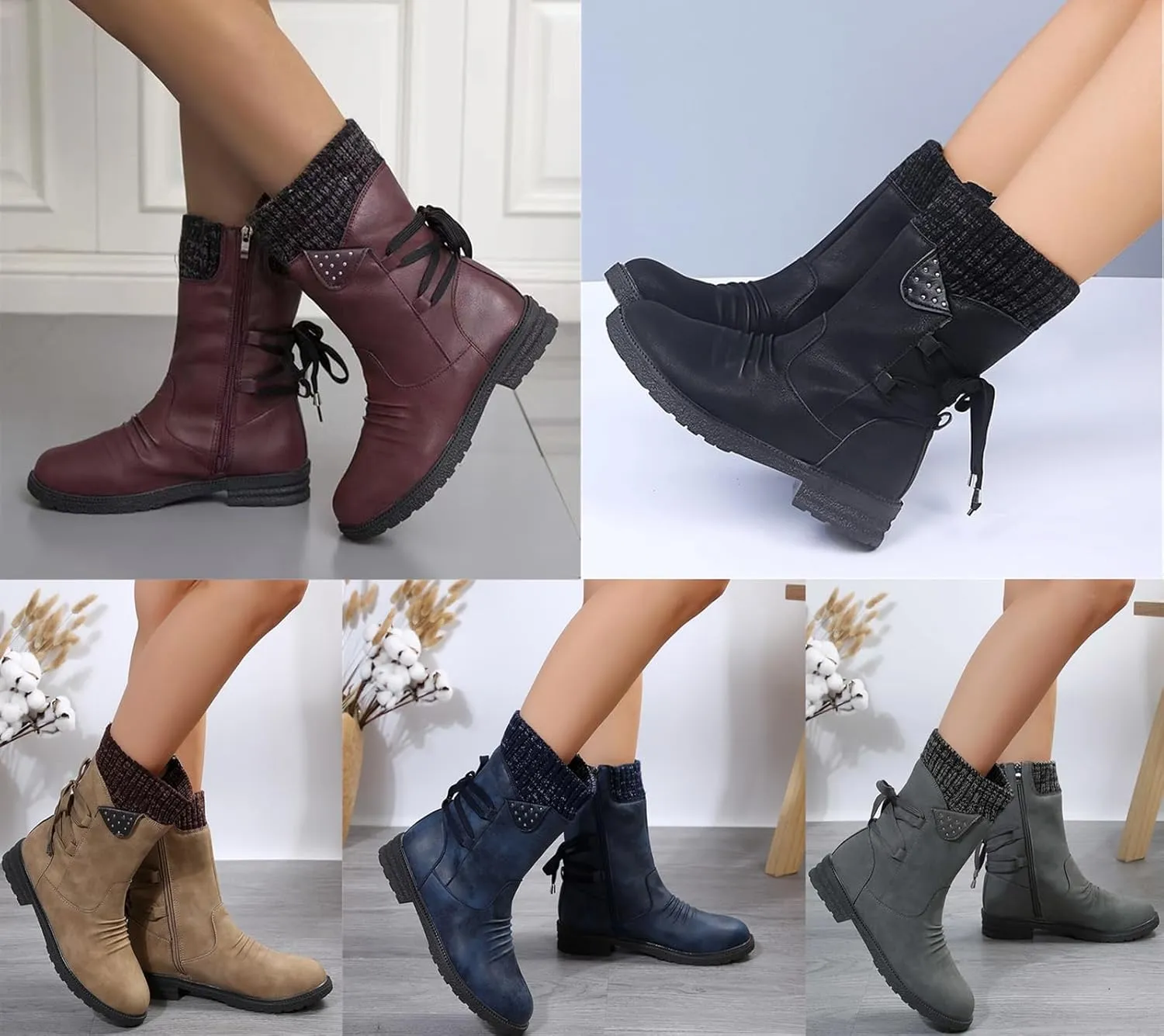 HINDOLA Women's Winter Mid-Calf Boots Anti-Slip Waterproof Outdoor Shoes Side Zipper Leather Knight Boots Fashion Lace Up Snow Booties for Women