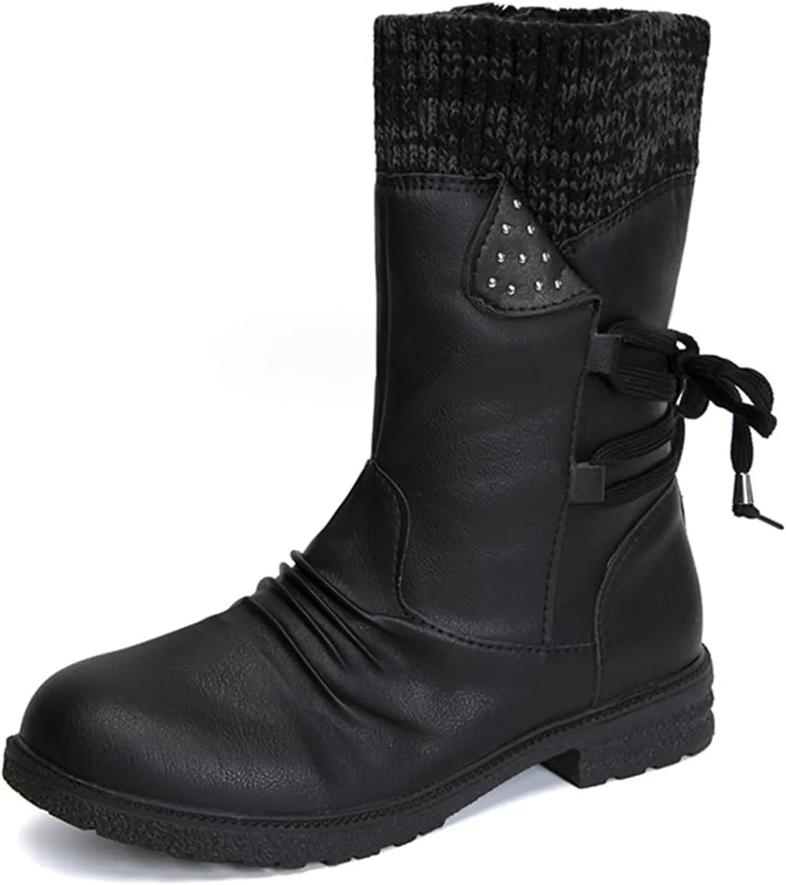 HINDOLA Women's Winter Mid-Calf Boots Anti-Slip Waterproof Outdoor Shoes Side Zipper Leather Knight Boots Fashion Lace Up Snow Booties for Women