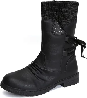 HINDOLA Women's Winter Mid-Calf Boots Anti-Slip Waterproof Outdoor Shoes Side Zipper Leather Knight Boots Fashion Lace Up Snow Booties for Women