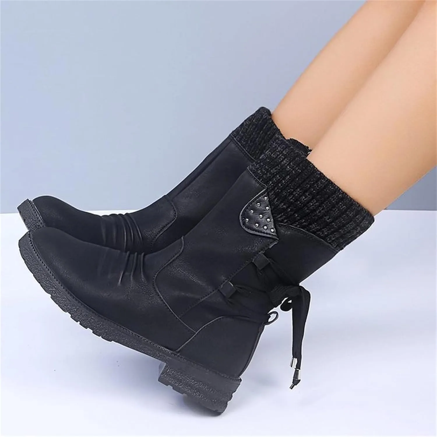 HINDOLA Women's Winter Mid-Calf Boots Anti-Slip Waterproof Outdoor Shoes Side Zipper Leather Knight Boots Fashion Lace Up Snow Booties for Women