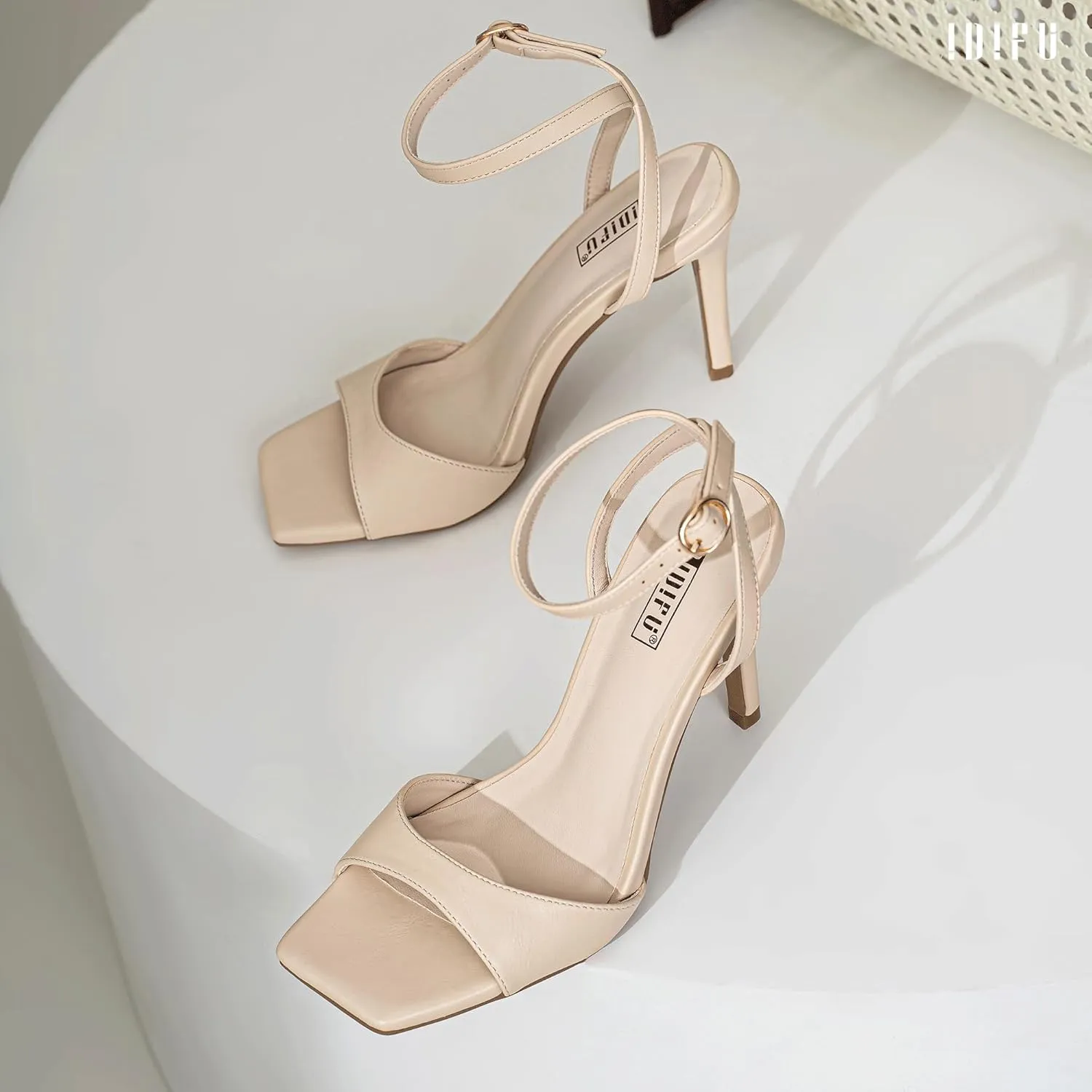 IDIFU IN4 High Heels Strappy Stiletto Heels Square Open Toe Heeled Sandals Wedding Bridal Prom Party Evening Dress Shoes for Women Comfortable Sexy Dressy Cute Ankle Strap Heels