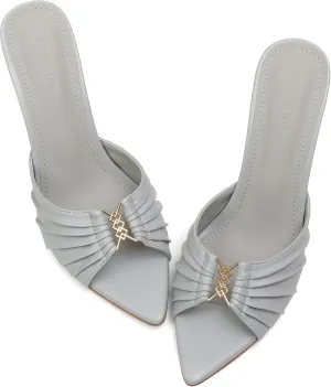 iiimmu 3.5 IN Stiletto Mules High Heels with Pointed Peep Toe Heeled Sandals Faux Leather