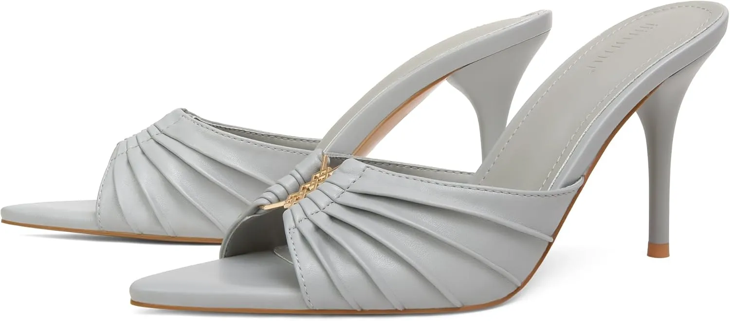 iiimmu 3.5 IN Stiletto Mules High Heels with Pointed Peep Toe Heeled Sandals Faux Leather