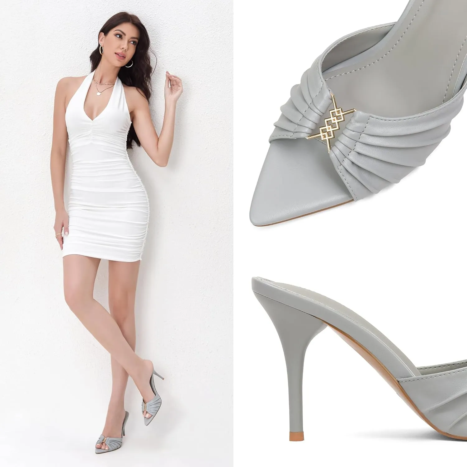 iiimmu 3.5 IN Stiletto Mules High Heels with Pointed Peep Toe Heeled Sandals Faux Leather