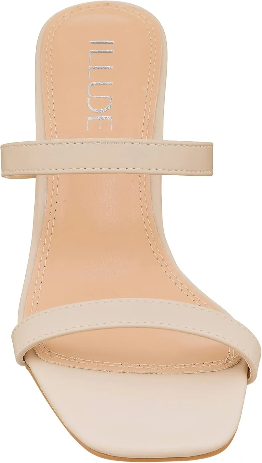 ILLUDE Women??s Block Heel Double Band Square Toe Heeled Sandal Slip On Mule - Lisa