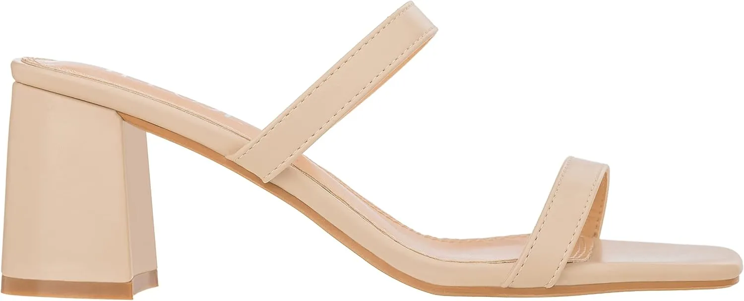 ILLUDE Women??s Block Heel Double Band Square Toe Heeled Sandal Slip On Mule - Lisa