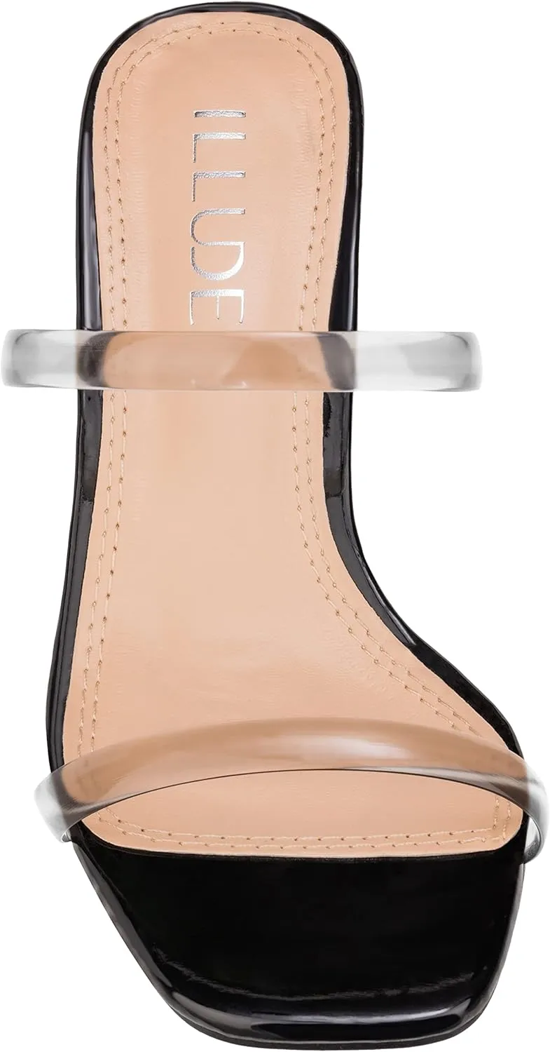 ILLUDE Women??s Block Heel Double Band Square Toe Heeled Sandal Slip On Mule - Lisa