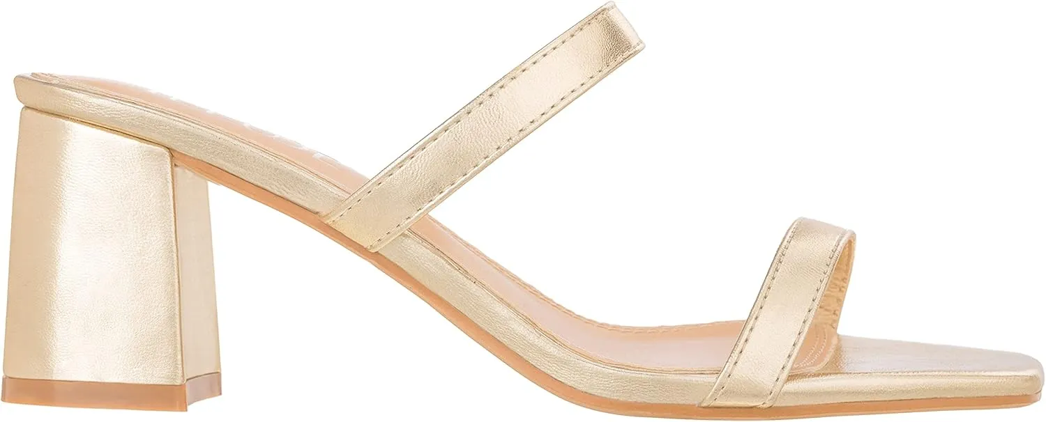 ILLUDE Women??s Block Heel Double Band Square Toe Heeled Sandal Slip On Mule - Lisa