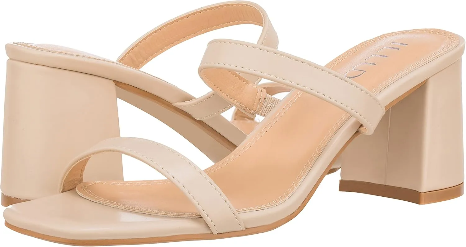 ILLUDE Women??s Block Heel Double Band Square Toe Heeled Sandal Slip On Mule - Lisa