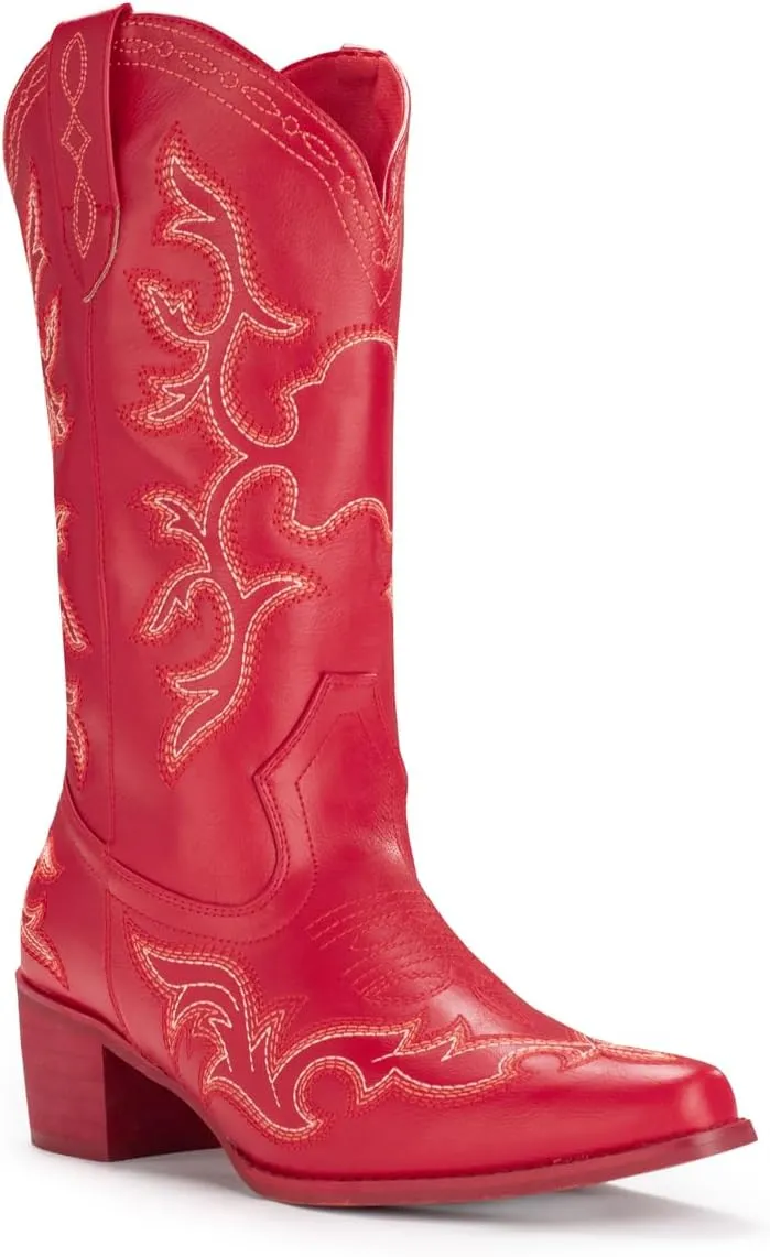 IUV Cowboy Boots For Women Western Boots Cowgirl Classic Fashion Embroidered Pointy Toe Boots