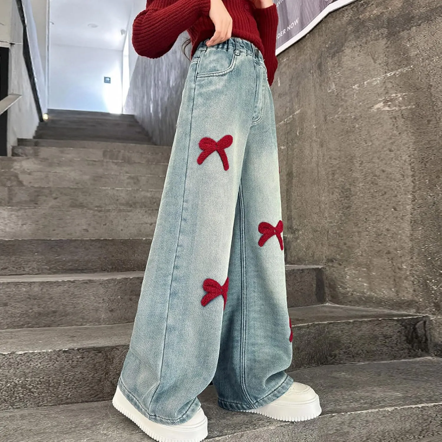 Jeans for Girl Loose Flare Wide Leg Denim Trousers High Cut Girls Western Pants Plain Stretchy Waist Fall Summer 2025