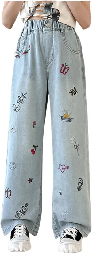 Jeans for Girl Loose Flare Wide Leg Denim Trousers High Cut Girls Western Pants Plain Stretchy Waist Fall Summer 2025