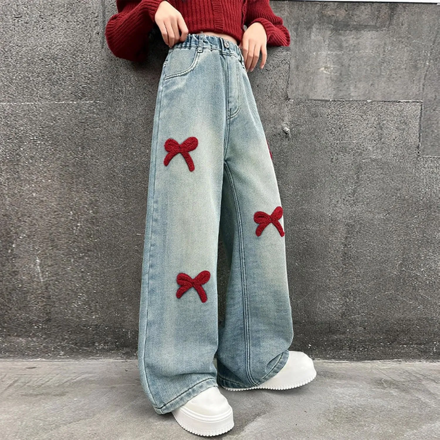 Jeans for Girl Loose Flare Wide Leg Denim Trousers High Cut Girls Western Pants Plain Stretchy Waist Fall Summer 2025