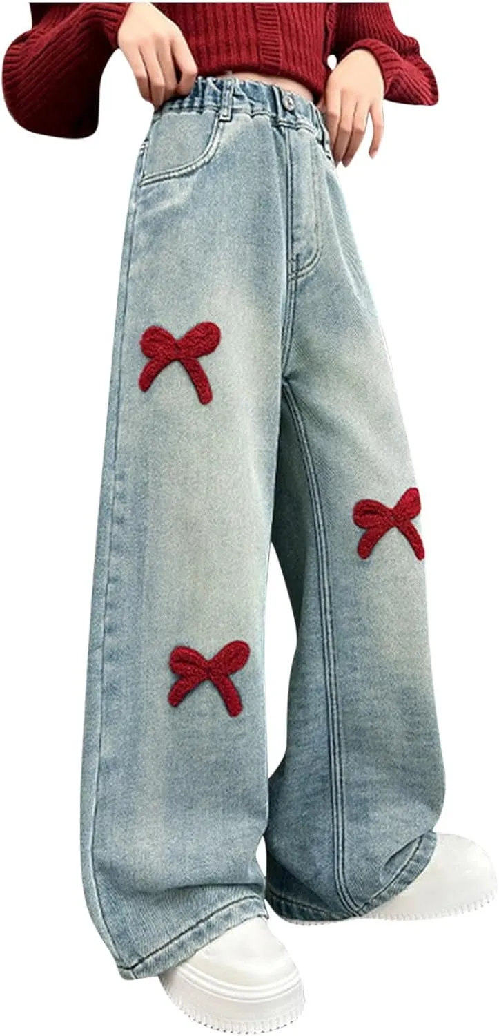 Jeans for Girl Loose Flare Wide Leg Denim Trousers High Cut Girls Western Pants Plain Stretchy Waist Fall Summer 2025