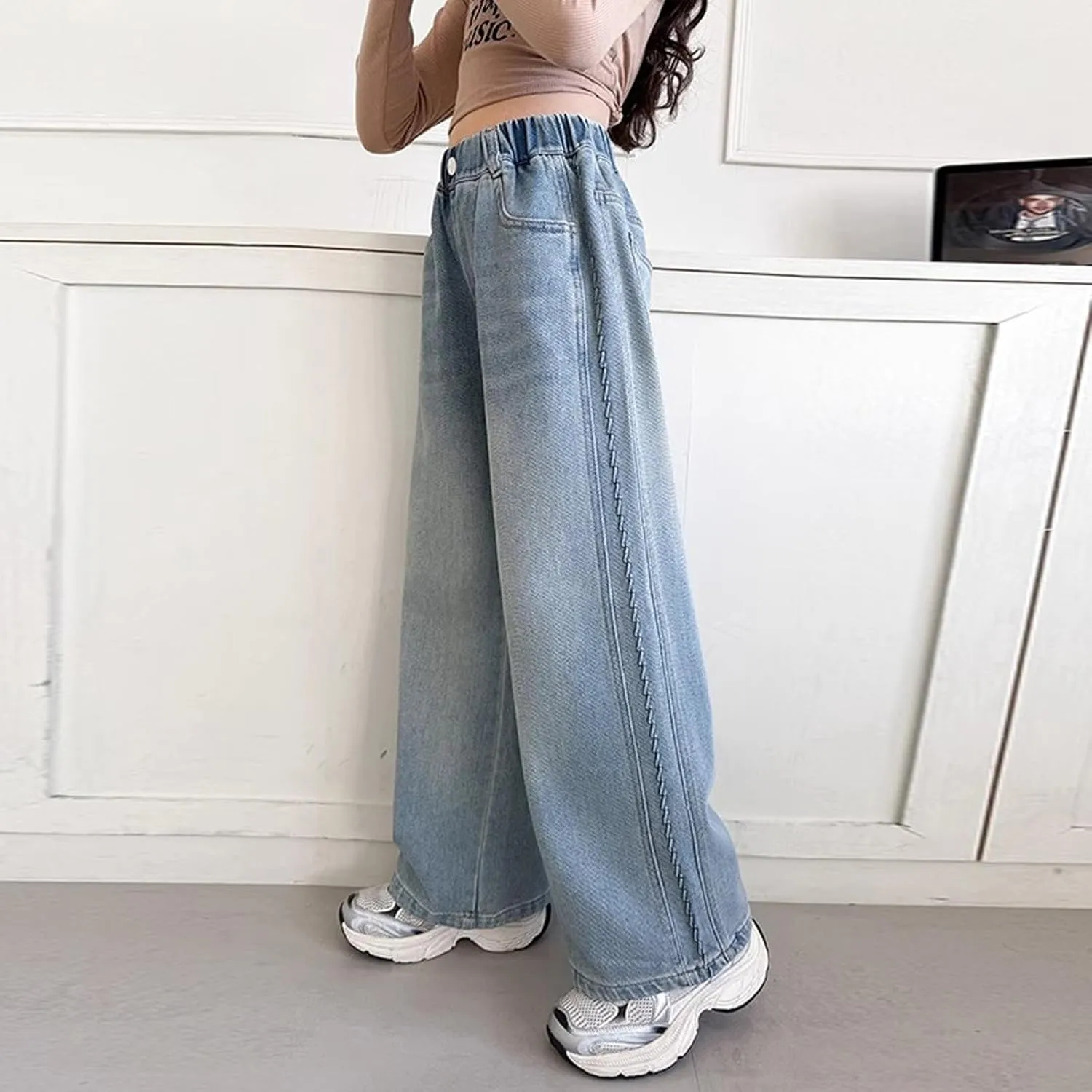 Jeans for Girl Loose Flare Wide Leg Denim Trousers High Cut Girls Western Pants Plain Stretchy Waist Fall Summer 2025