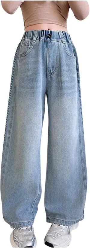 Jeans for Girl Loose Flare Wide Leg Denim Trousers High Cut Girls Western Pants Plain Stretchy Waist Fall Summer 2025