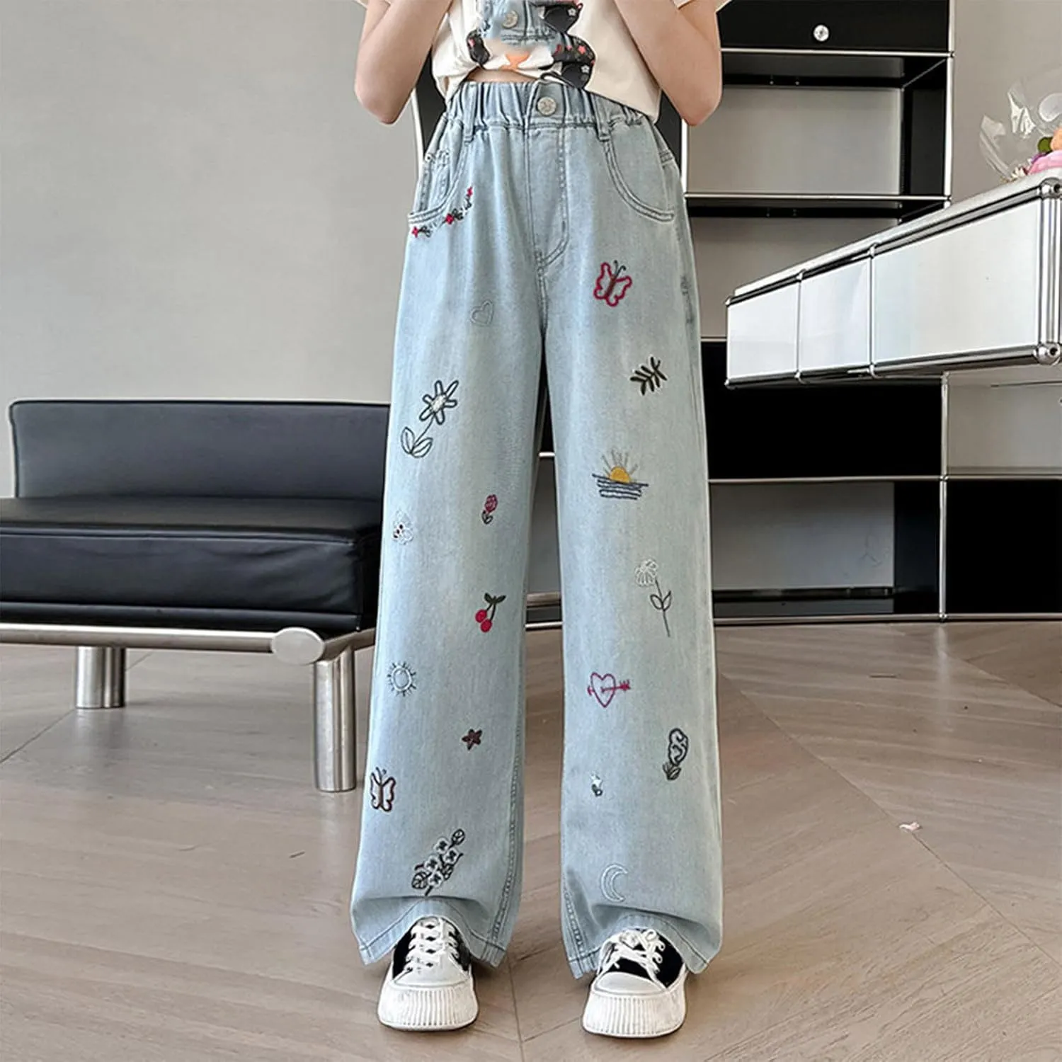 Jeans for Girl Loose Flare Wide Leg Denim Trousers High Cut Girls Western Pants Plain Stretchy Waist Fall Summer 2025