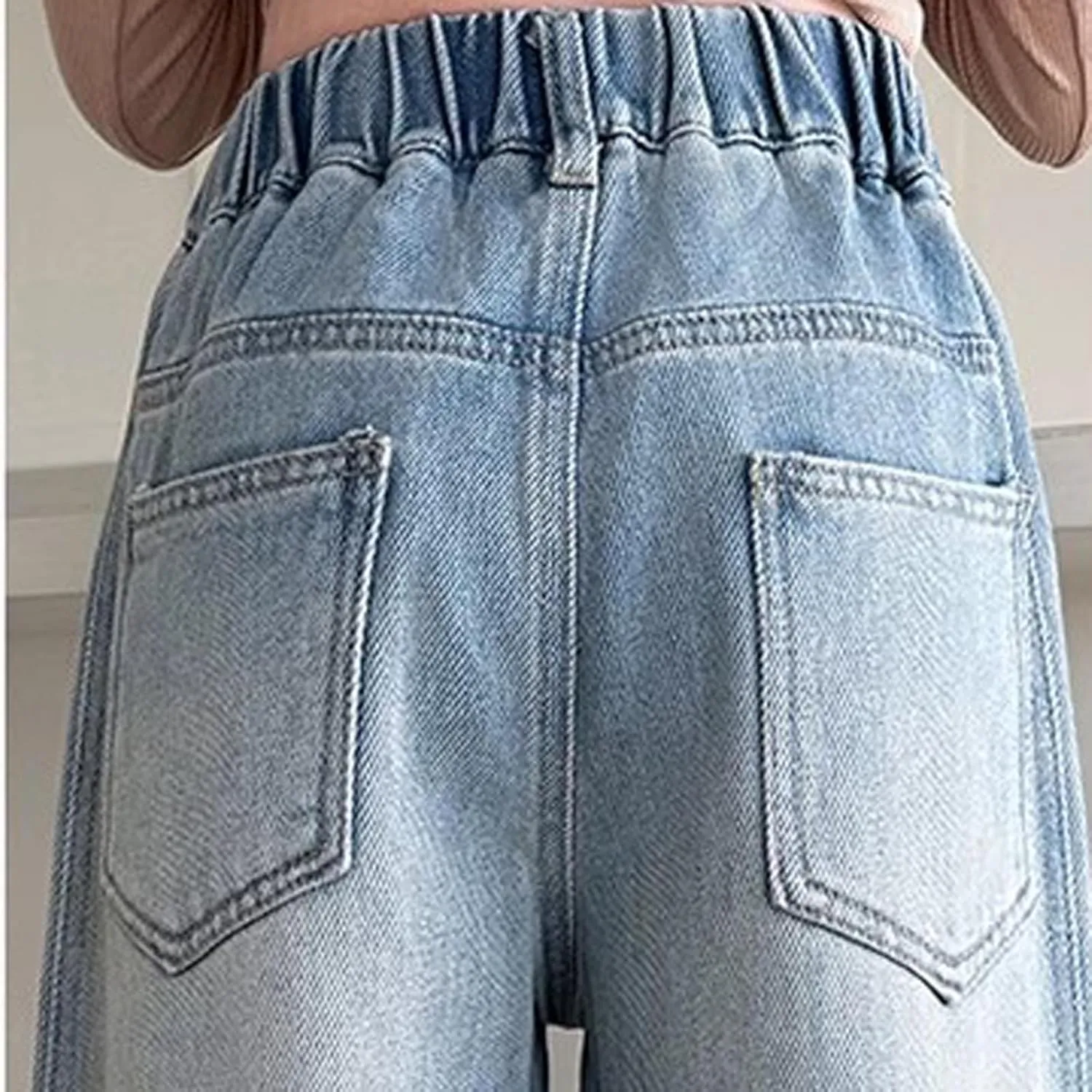 Jeans for Girl Loose Flare Wide Leg Denim Trousers High Cut Girls Western Pants Plain Stretchy Waist Fall Summer 2025
