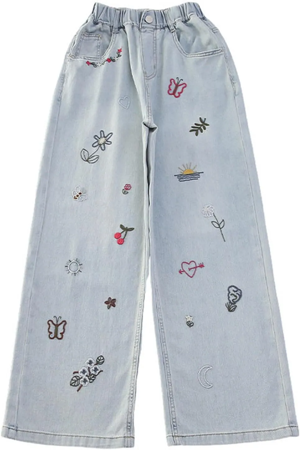 Jeans for Girl Loose Flare Wide Leg Denim Trousers High Cut Girls Western Pants Plain Stretchy Waist Fall Summer 2025