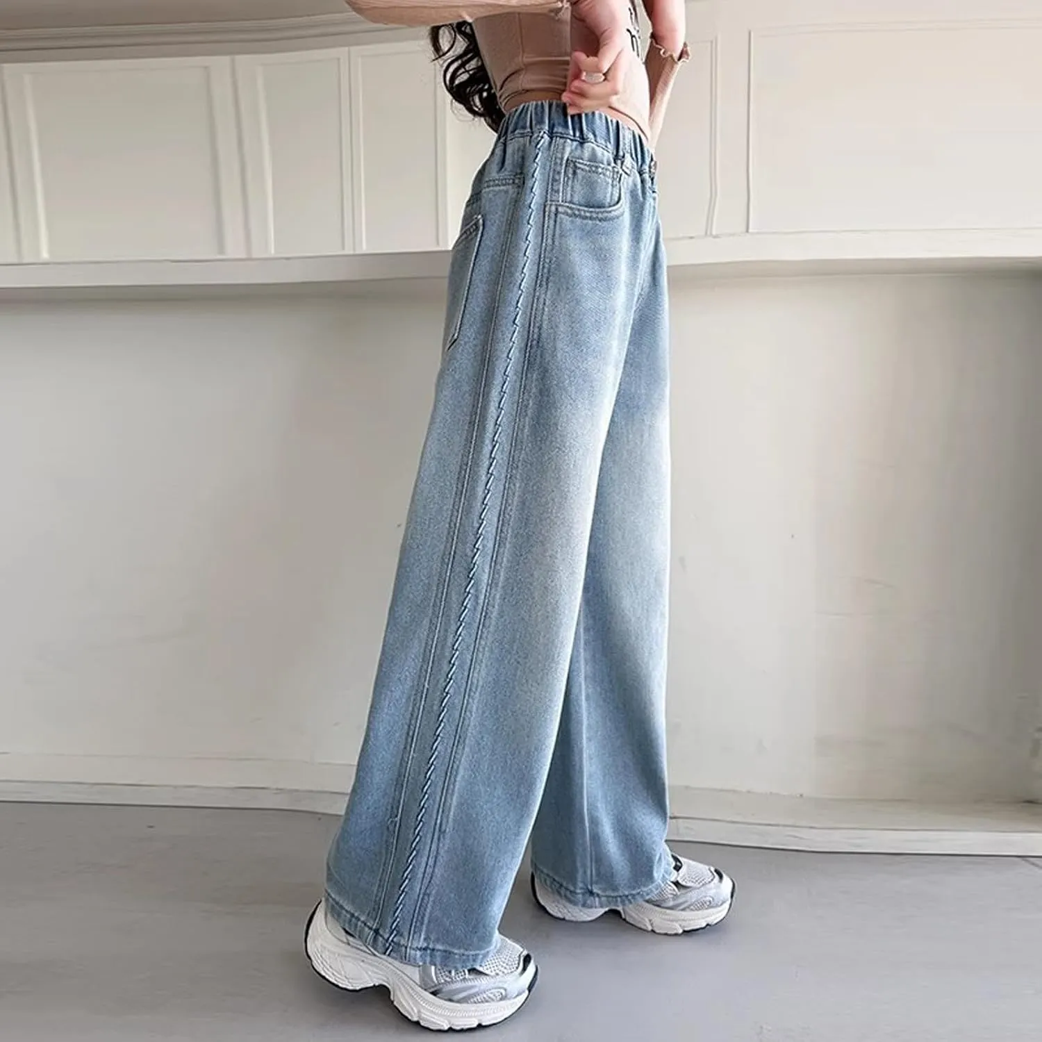 Jeans for Girl Loose Flare Wide Leg Denim Trousers High Cut Girls Western Pants Plain Stretchy Waist Fall Summer 2025
