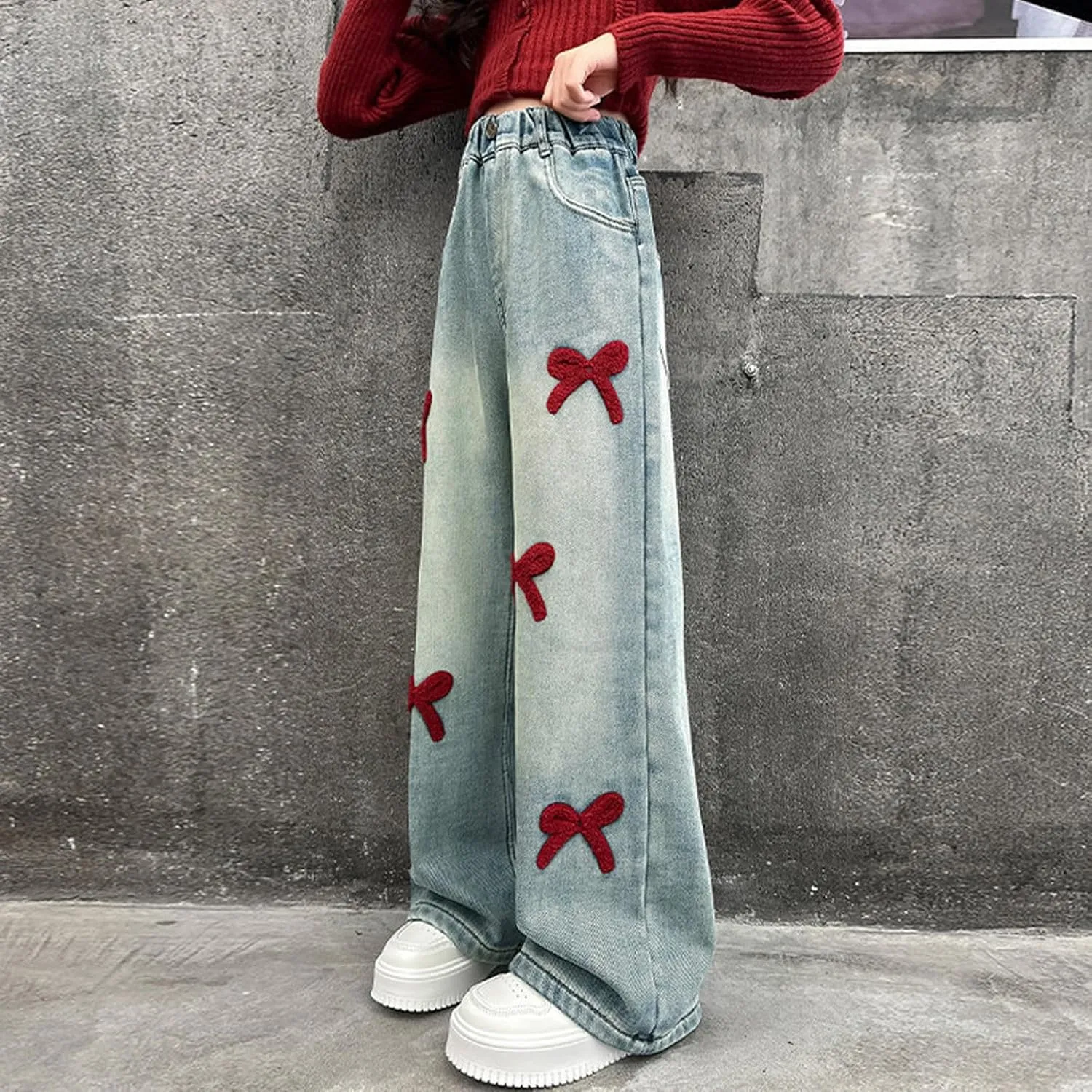 Jeans for Girl Loose Flare Wide Leg Denim Trousers High Cut Girls Western Pants Plain Stretchy Waist Fall Summer 2025