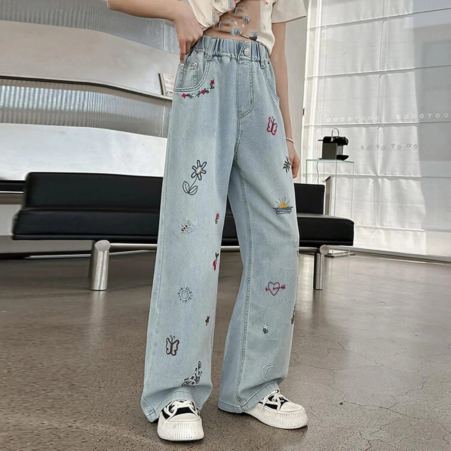 Jeans for Girl Loose Flare Wide Leg Denim Trousers High Cut Girls Western Pants Plain Stretchy Waist Fall Summer 2025