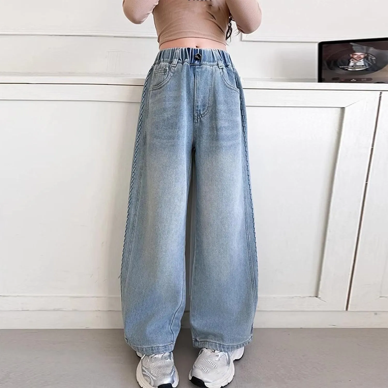 Jeans for Girl Loose Flare Wide Leg Denim Trousers High Cut Girls Western Pants Plain Stretchy Waist Fall Summer 2025