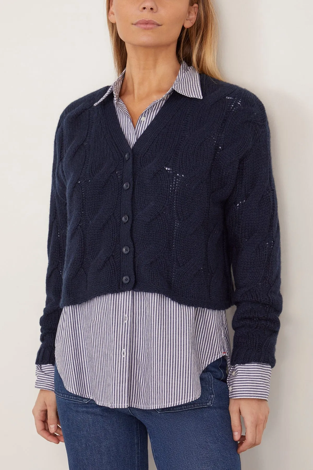 Jolie V-neck Cropped Cable Cardigan in Midnight Navy