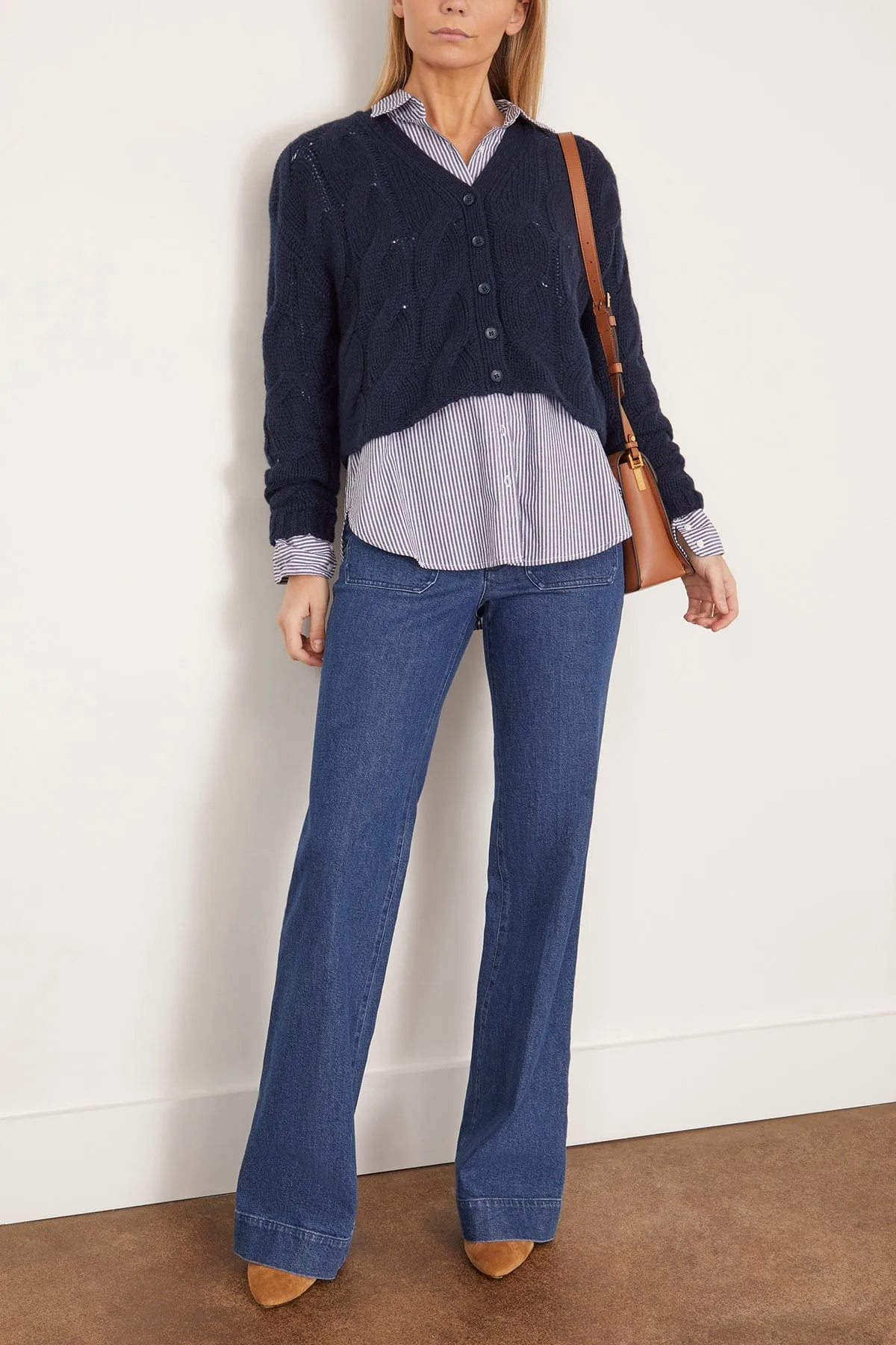Jolie V-neck Cropped Cable Cardigan in Midnight Navy