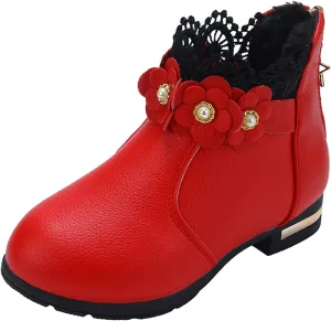 Kids Girls Ankle Boots With Side Buckle Zipper Lace Trim Dress Boot Toddler Boys Girls Fragile Strap Low Heel Shoes