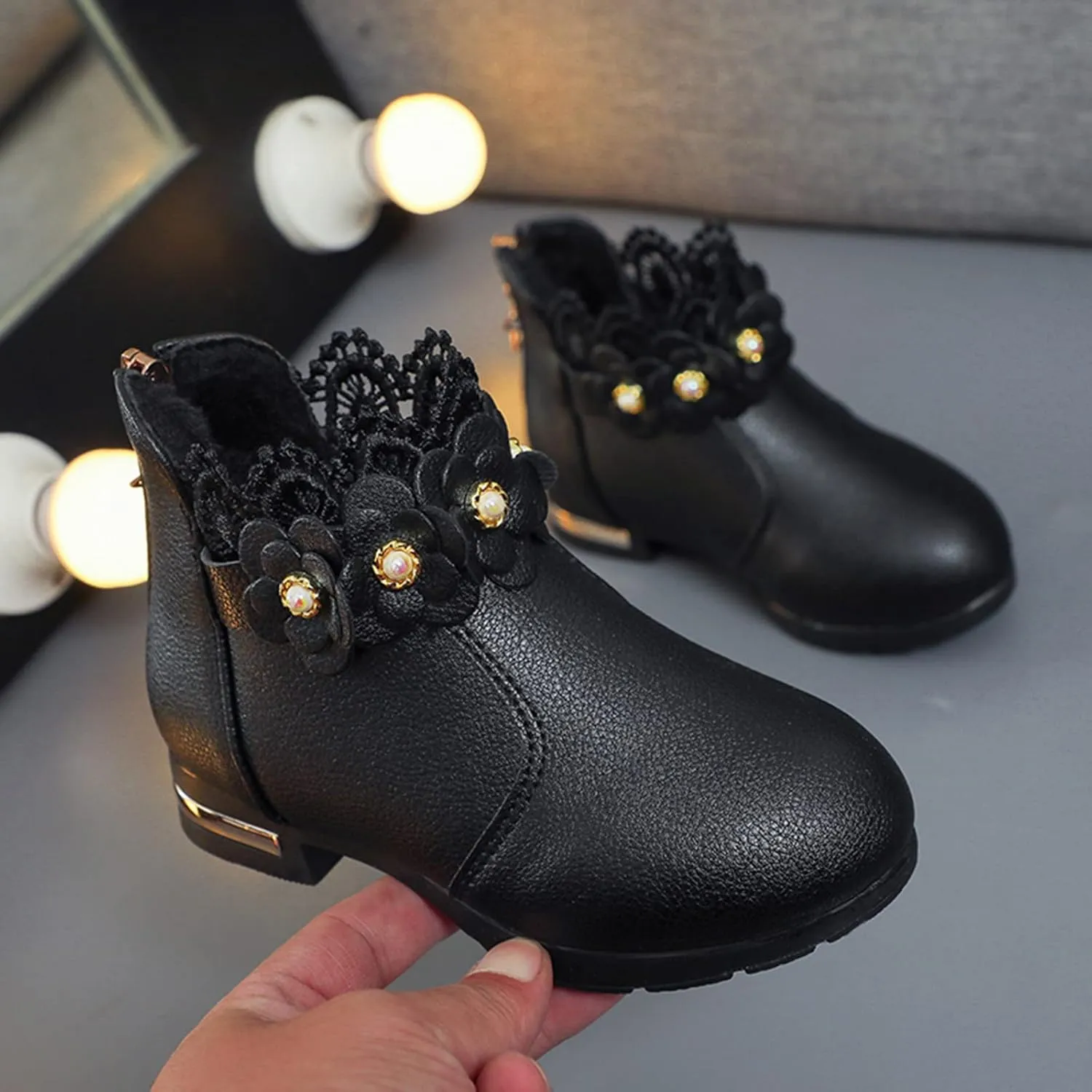 Kids Girls Ankle Boots With Side Buckle Zipper Lace Trim Dress Boot Toddler Boys Girls Fragile Strap Low Heel Shoes