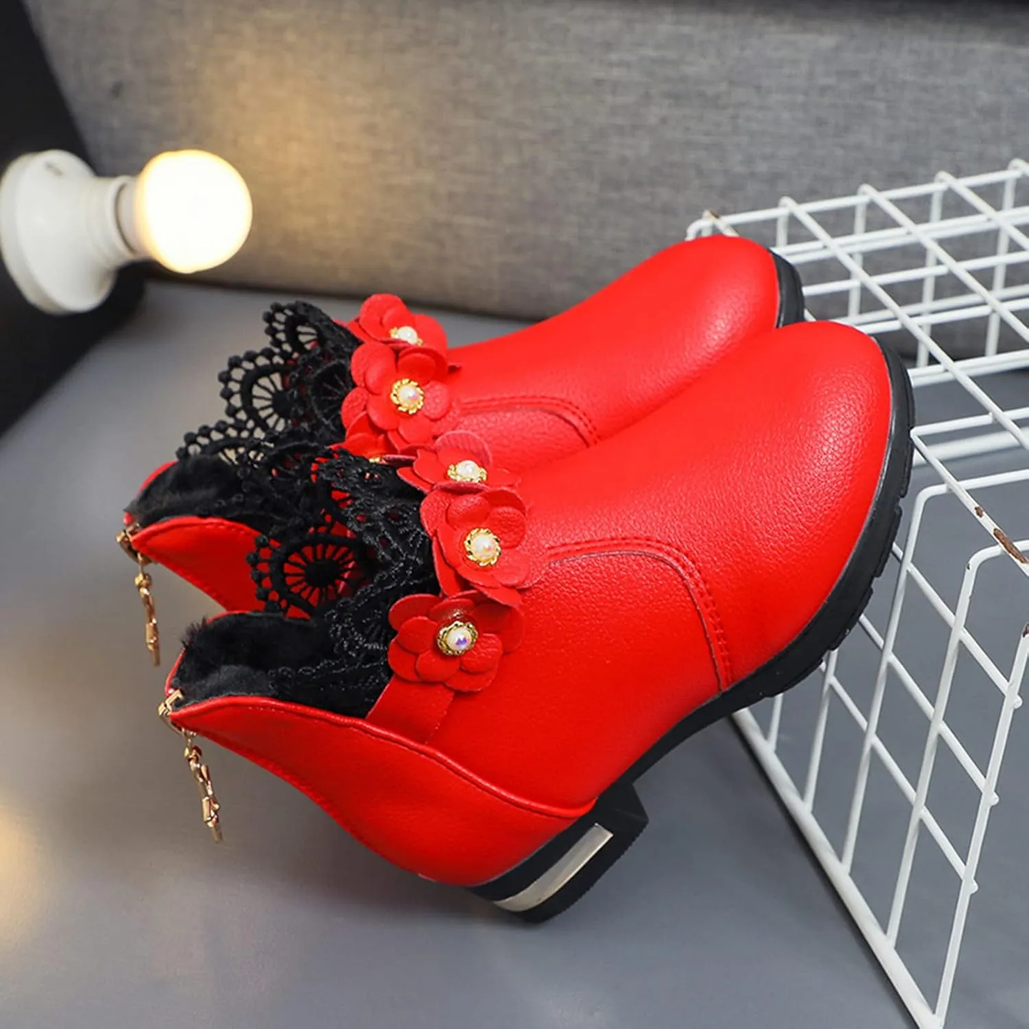 Kids Girls Ankle Boots With Side Buckle Zipper Lace Trim Dress Boot Toddler Boys Girls Fragile Strap Low Heel Shoes