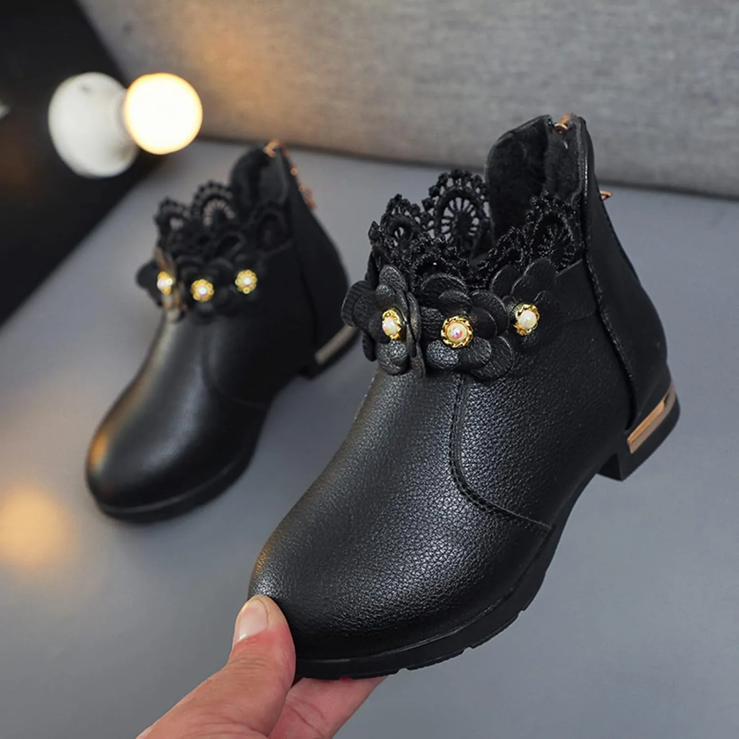Kids Girls Ankle Boots With Side Buckle Zipper Lace Trim Dress Boot Toddler Boys Girls Fragile Strap Low Heel Shoes