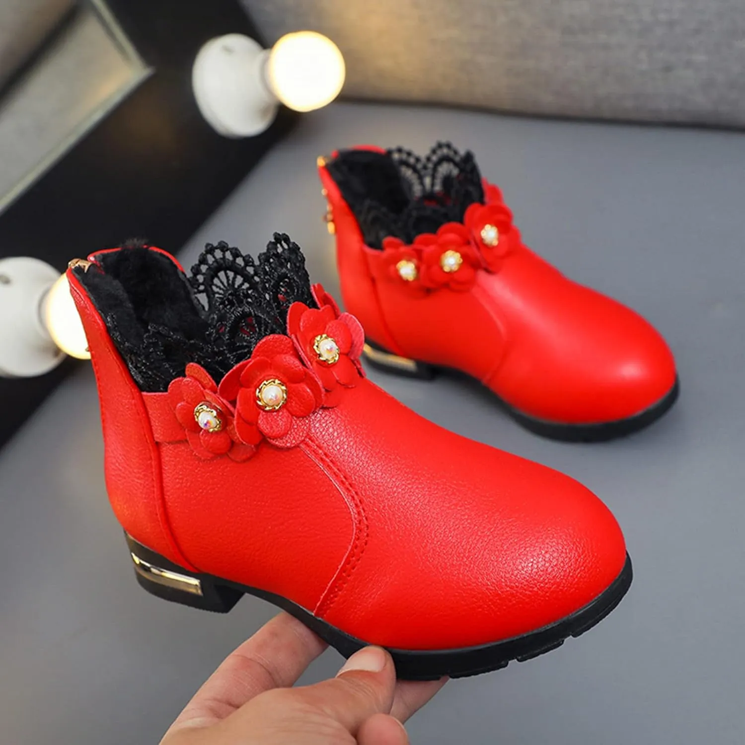 Kids Girls Ankle Boots With Side Buckle Zipper Lace Trim Dress Boot Toddler Boys Girls Fragile Strap Low Heel Shoes