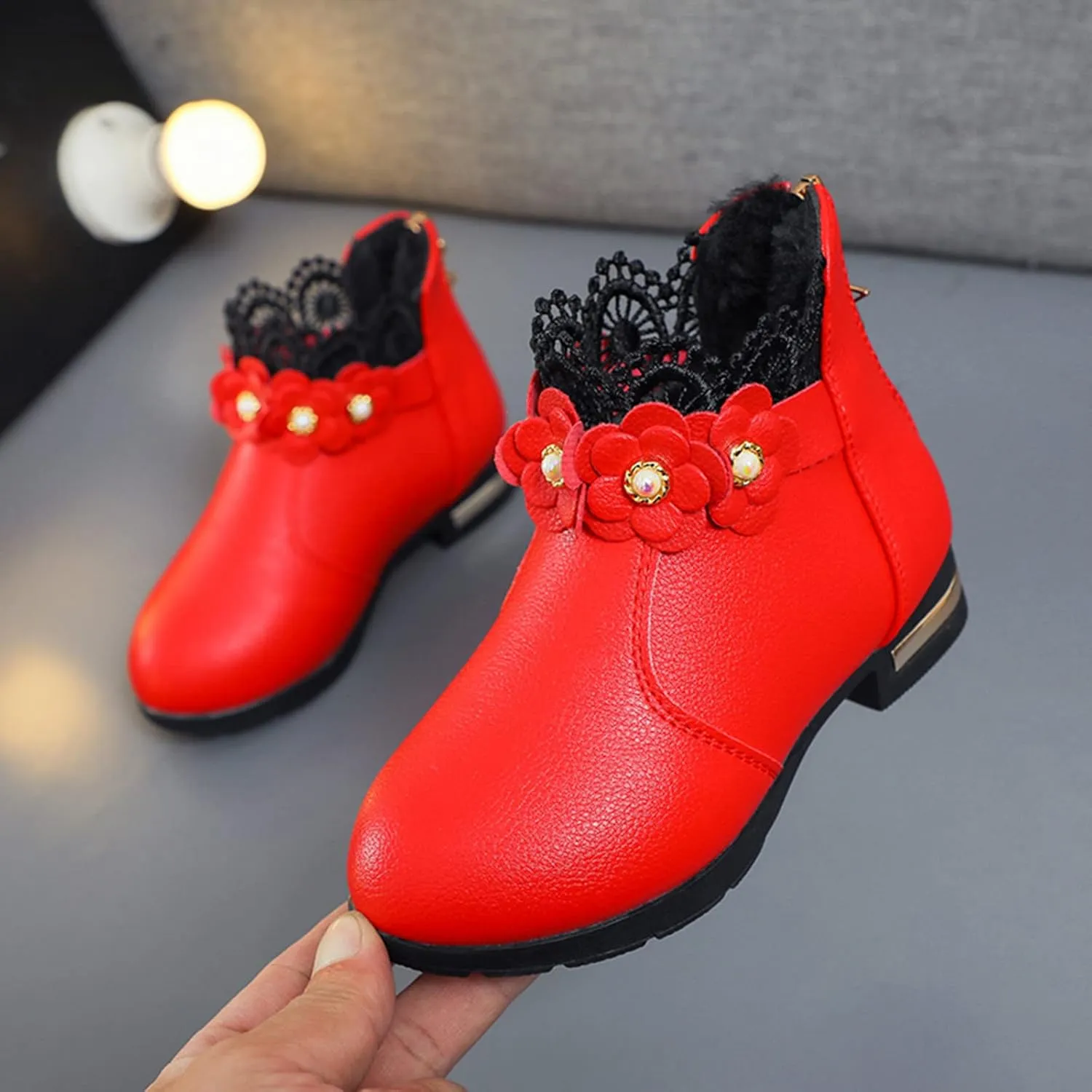 Kids Girls Ankle Boots With Side Buckle Zipper Lace Trim Dress Boot Toddler Boys Girls Fragile Strap Low Heel Shoes