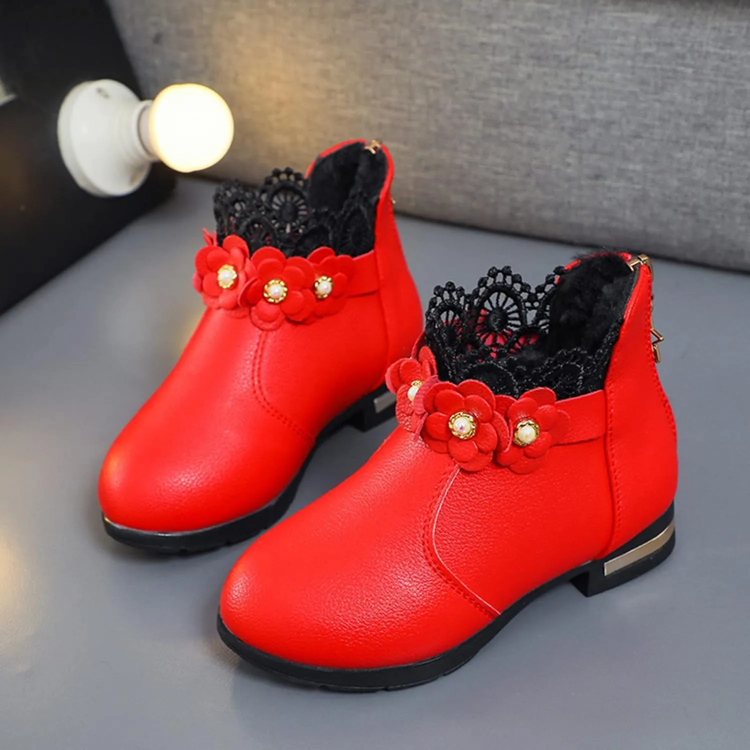 Kids Girls Ankle Boots With Side Buckle Zipper Lace Trim Dress Boot Toddler Boys Girls Fragile Strap Low Heel Shoes