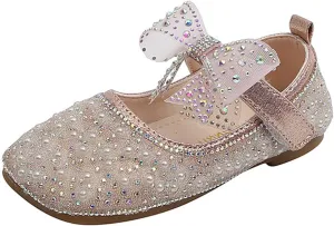 Kids Girls Dress Shoes Cute Bow Mary Jane hinestone Ballerina with Satin Ankle Tie for Princess Wedding Birthday