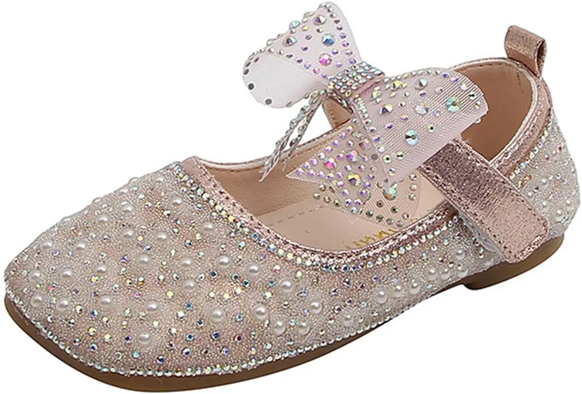 Kids Girls Dress Shoes Cute Bow Mary Jane hinestone Ballerina with Satin Ankle Tie for Princess Wedding Birthday