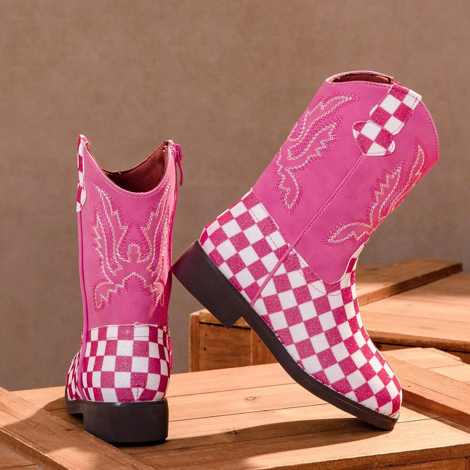 kkdom Girls Cowgirl Boots Mid Calf Square Toe Western Boot for Kids Glitter Cowboy Boot Riding Shoes for Toddler Little Big Girls