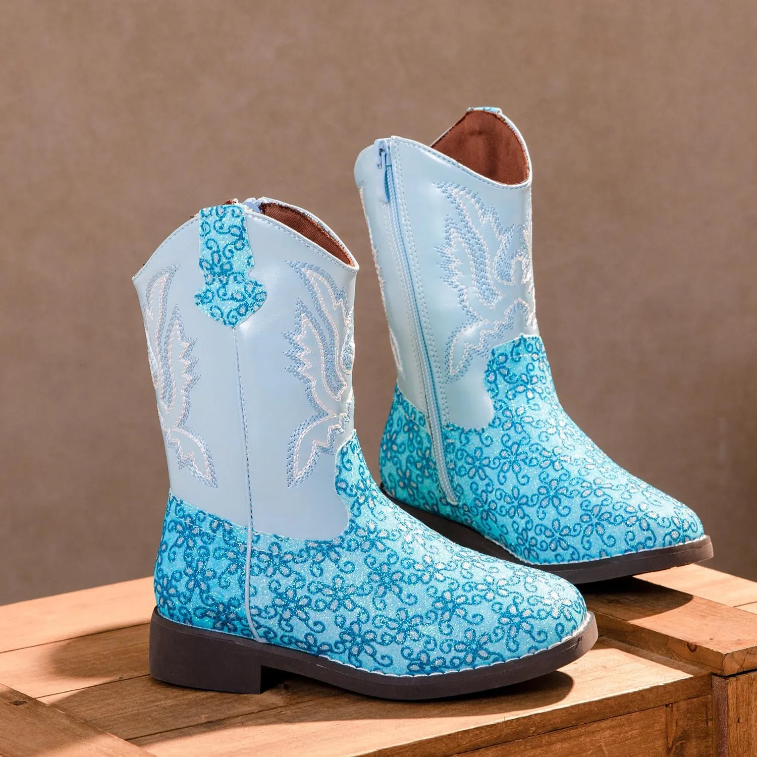 kkdom Girls Cowgirl Boots Mid Calf Square Toe Western Boot for Kids Glitter Cowboy Boot Riding Shoes for Toddler Little Big Girls