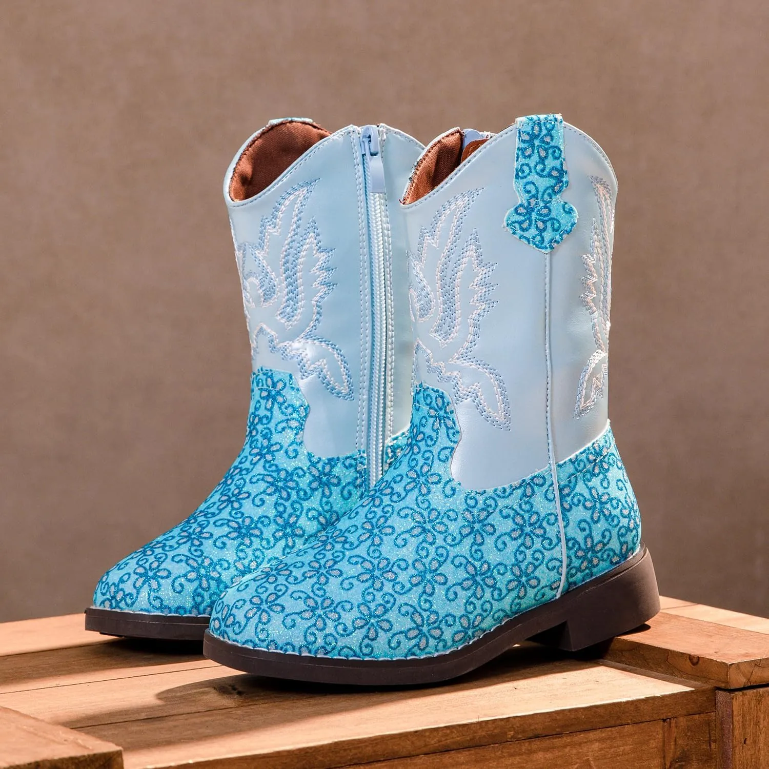 kkdom Girls Cowgirl Boots Mid Calf Square Toe Western Boot for Kids Glitter Cowboy Boot Riding Shoes for Toddler Little Big Girls