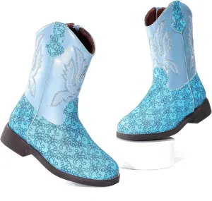 kkdom Girls Cowgirl Boots Mid Calf Square Toe Western Boot for Kids Glitter Cowboy Boot Riding Shoes for Toddler Little Big Girls