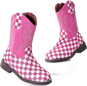 kkdom Girls Cowgirl Boots Mid Calf Square Toe Western Boot for Kids Glitter Cowboy Boot Riding Shoes for Toddler Little Big Girls