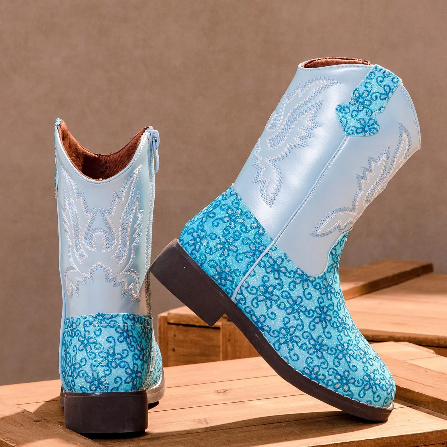 kkdom Girls Cowgirl Boots Mid Calf Square Toe Western Boot for Kids Glitter Cowboy Boot Riding Shoes for Toddler Little Big Girls
