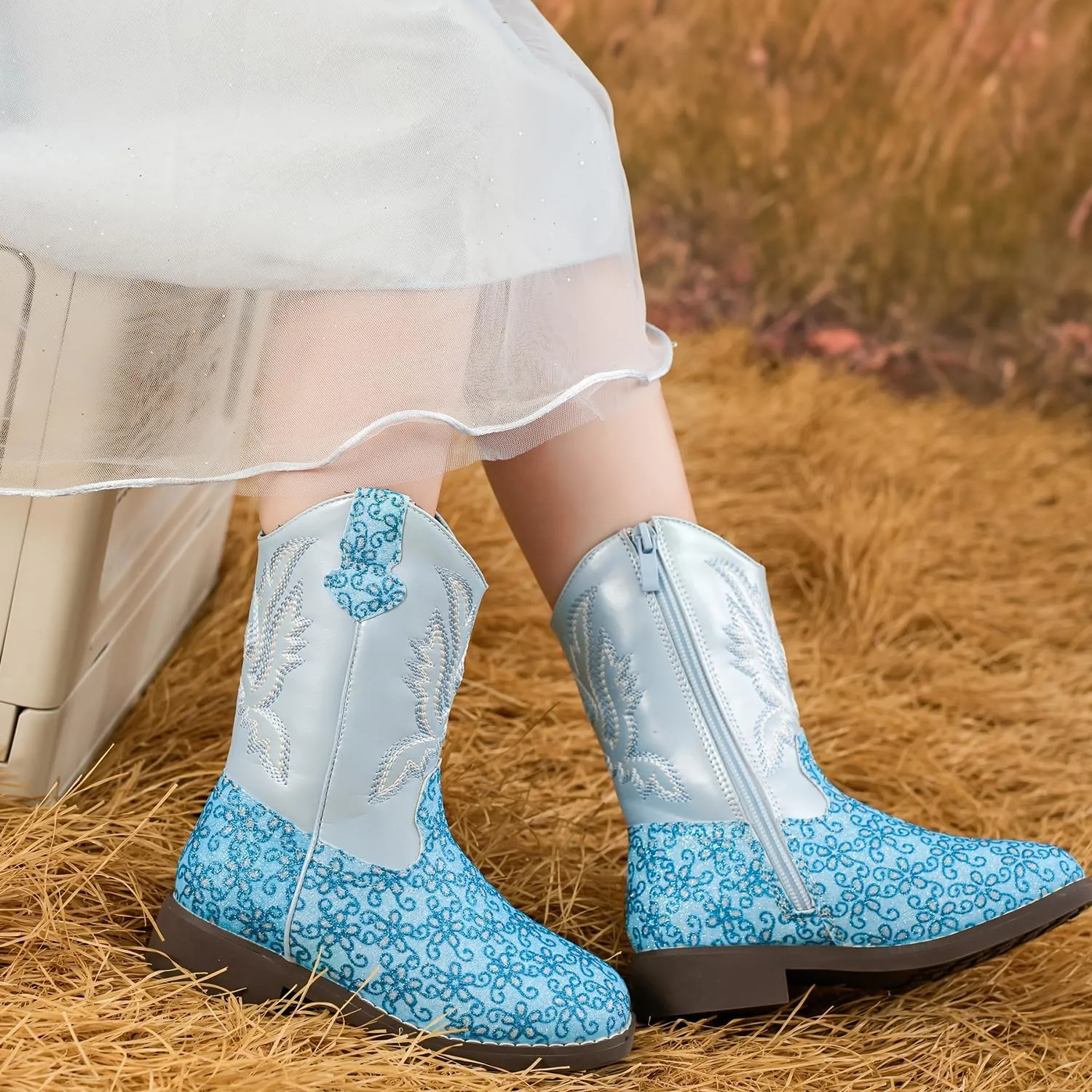 kkdom Girls Cowgirl Boots Mid Calf Square Toe Western Boot for Kids Glitter Cowboy Boot Riding Shoes for Toddler Little Big Girls