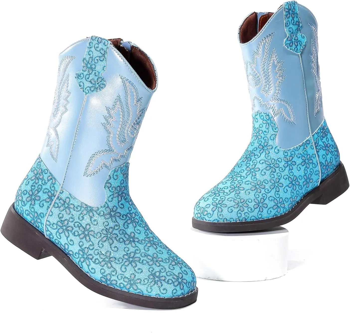 kkdom Girls Cowgirl Boots Mid Calf Square Toe Western Boot for Kids Glitter Cowboy Boot Riding Shoes for Toddler Little Big Girls