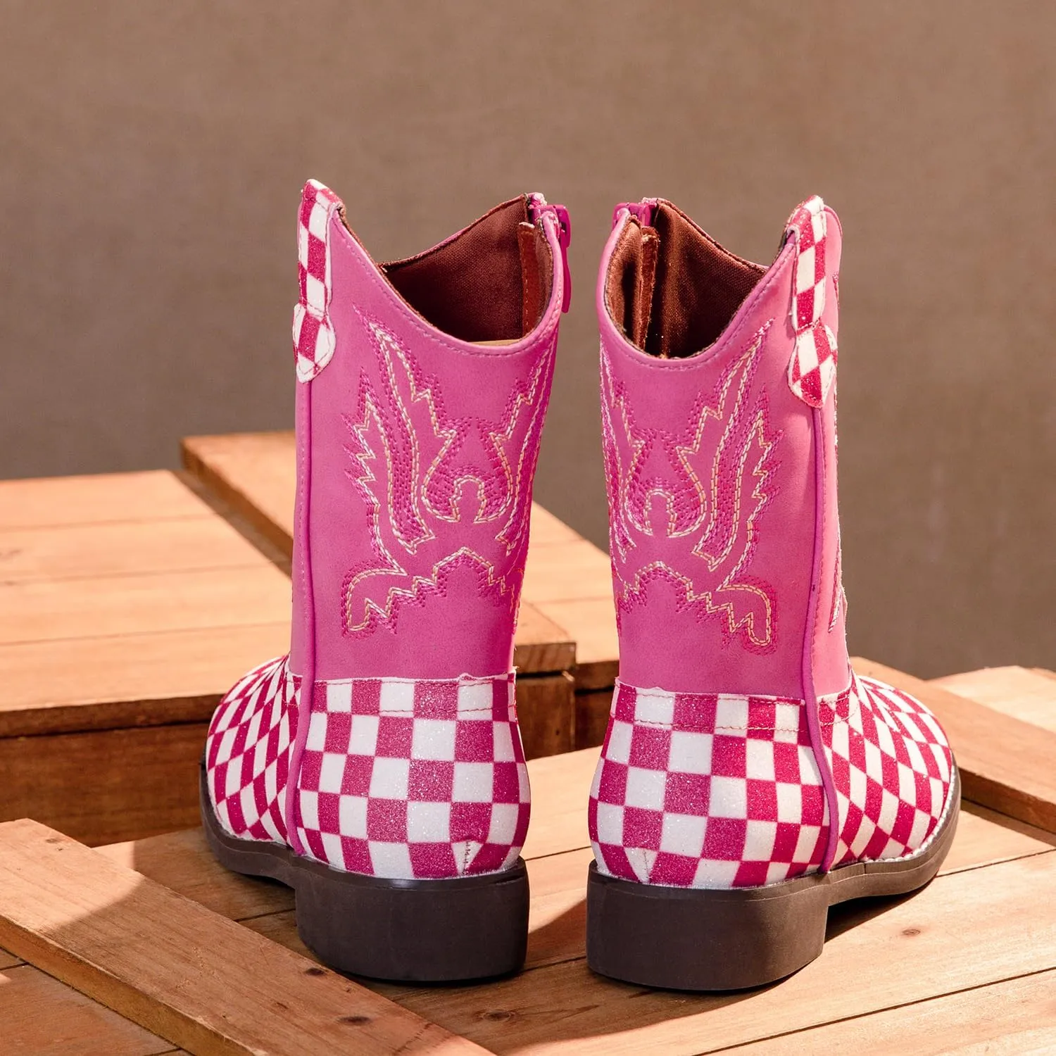 kkdom Girls Cowgirl Boots Mid Calf Square Toe Western Boot for Kids Glitter Cowboy Boot Riding Shoes for Toddler Little Big Girls