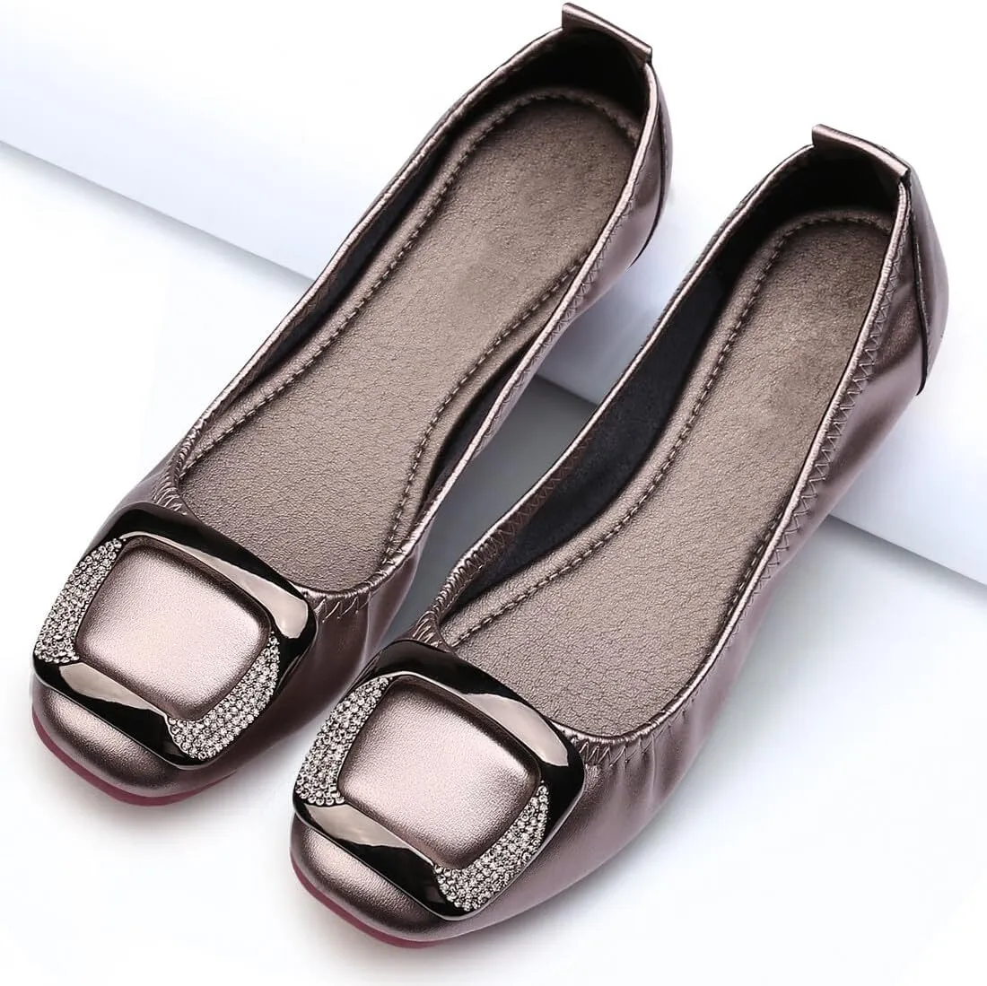 KUNWFNIX Women's Pearl Rhinestone Flats - Pointed Toe Ballet Shoes for Wedding, Work, Dressy Occasions