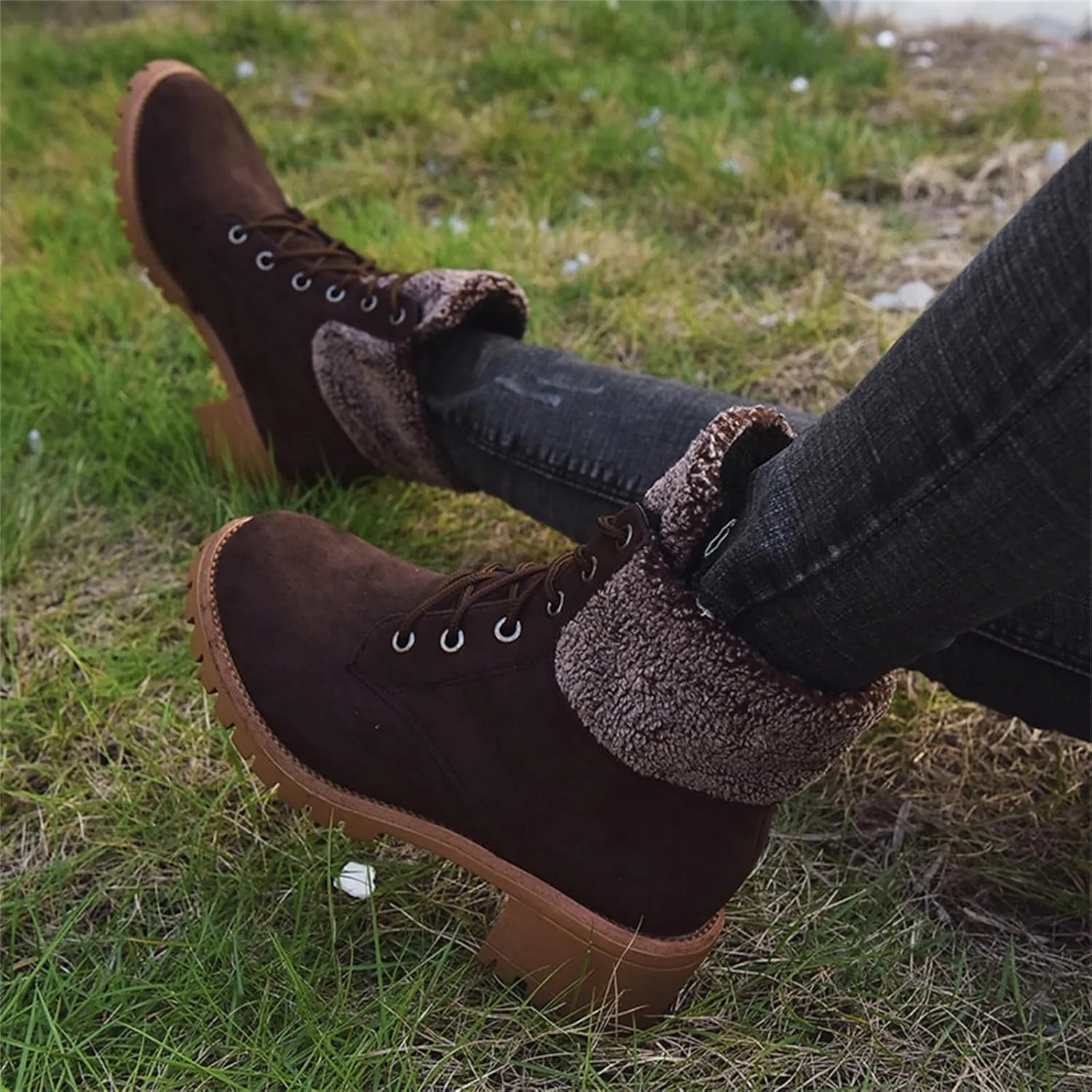 Ladmiple Snow Boots For Women Wide Width Winter Warm Booties Fur Lined Anti-Slip Outdoor Comfort Lace Up Ankle Booties