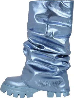 LISHAN Women's Platform Block Heels Mid Calf Slouchy Fold Down Boots